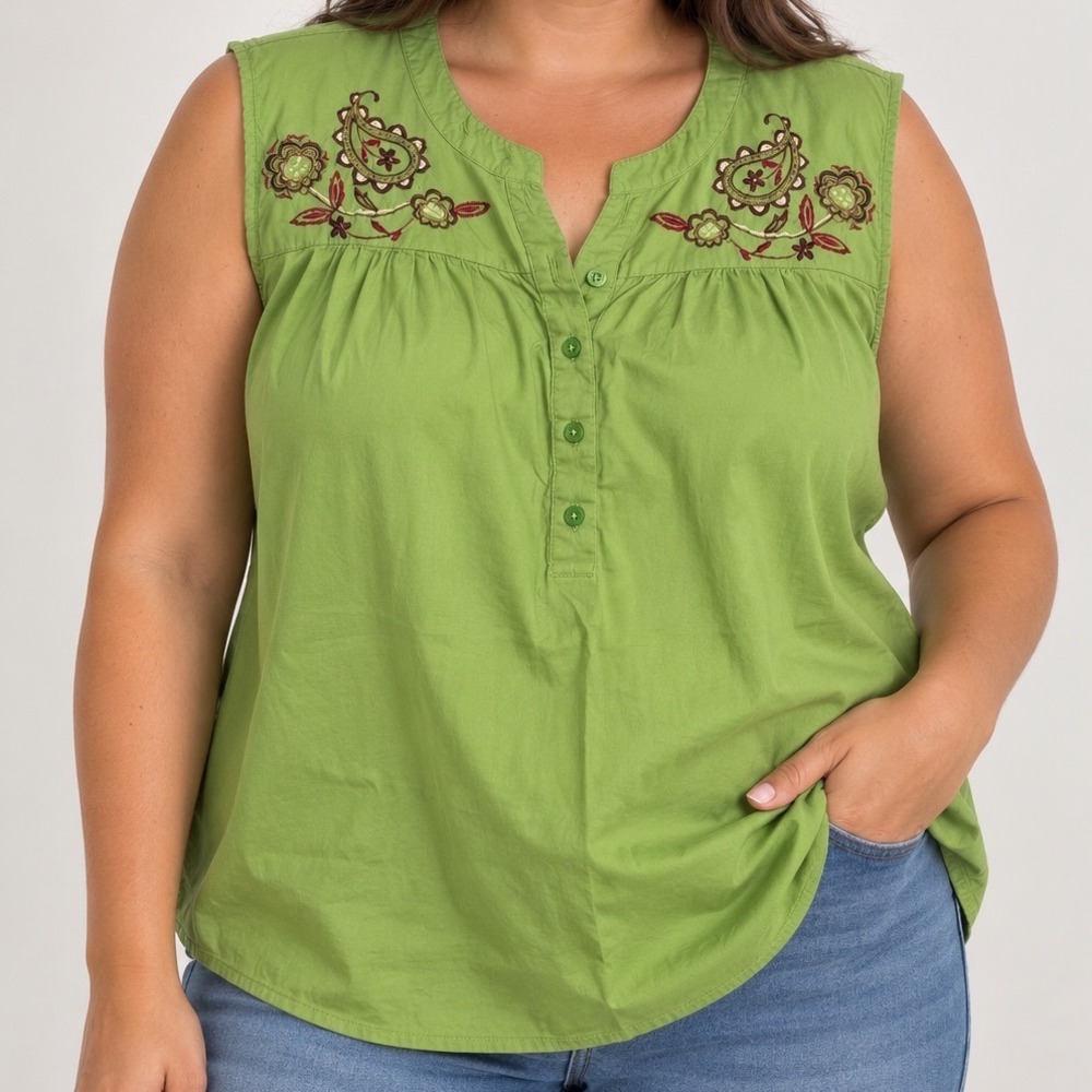 Green Paisley Embroidered Tunic Top Womens XL Cotton Boho Folk Sleeveless Blouse